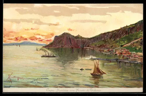 Lithographie Capri, Partie an der Küste bei Sonnenuntergang