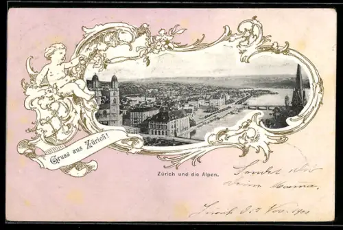 AK Zürich, Blick über die Stadt auf die Alpen, Passepartout mit Engel