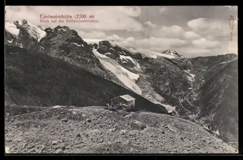 AK Edelweisshütte, Blick auf die Stilfserjochstrasse