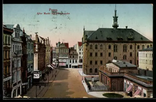 AK Posen-Poznan, Alter Markt mit der Hauptwache, Geschäfte