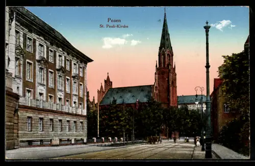 AK Posen, Strassenpartie an der St. Pauli-Kirche