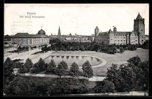 AK Posen / Poznan, Die neue Kaiserpfalz mit Teich