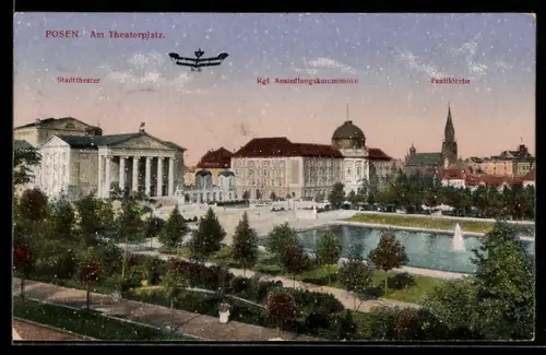 AK Posen / Poznan, Theaterplatz mit Stadttheater, Kgl. Ansiedlungskommission und Paulikirche