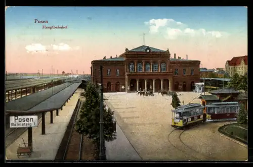 AK Posen / Poznan, Hauptbahnhof und Strassenbahn