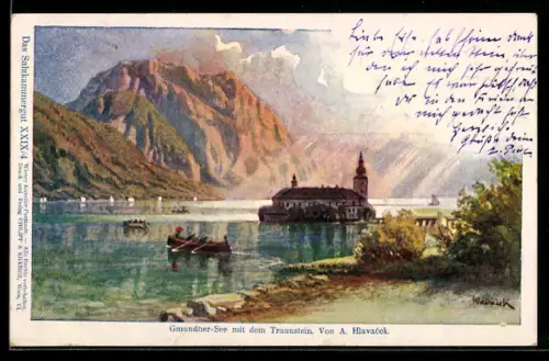 Künstler-AK Philipp + Kramer Nr. XXIX /4: Gmunden, Gmundner See mit dem Traunstein
