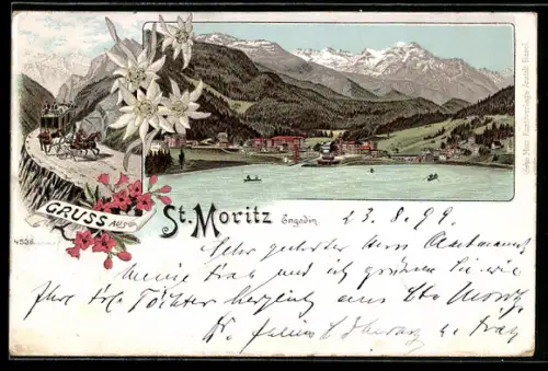 Lithographie St. Moritz /Engadin, Ortsansicht am See mit Bergpanorama im Hintergrund, Postkutsche, Edelweiss