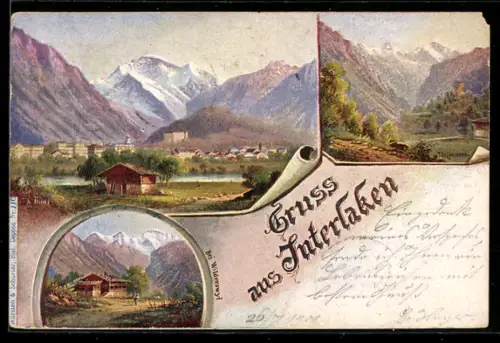 Künstler-AK Interlaken, Ortspanorama, Haus in den Bergen