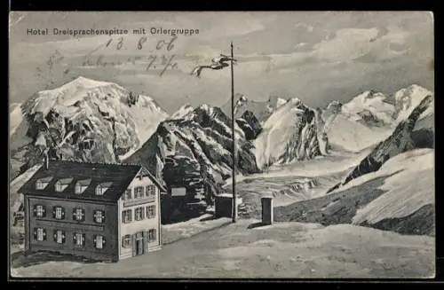 AK Stilfser Joch, Alpenhotel Dreisprachenspitze mit Ortlergruppe