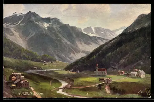 AK Sulden, Ortsansicht mit Flusspartie aus der Vogelschau