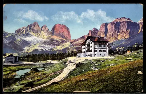 AK Passo Pordoi, Hotel Pordot mit Langkofel und Sella