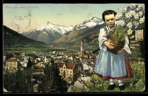 AK Meran in Südtirol, Ortsansicht und kleines Mädchen in Tracht mit Blumentopf