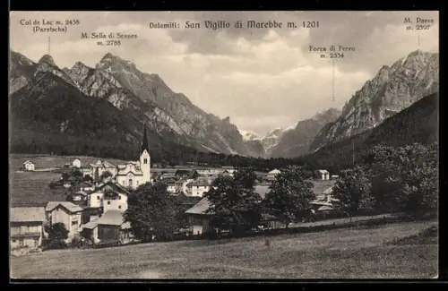 AK San Vigilio di Marebbe, Panorama mit Paratscha und Forca di Ferra