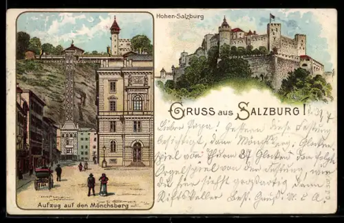 Lithographie Salzburg, Hohen-Salzburg, Aufzug auf den Mönchsberg