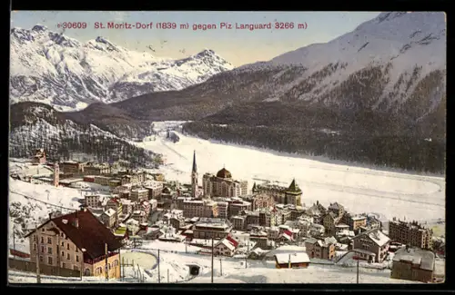 AK St. Moritz-Dorf, Blick über die Dächer des winterlichen Ortes