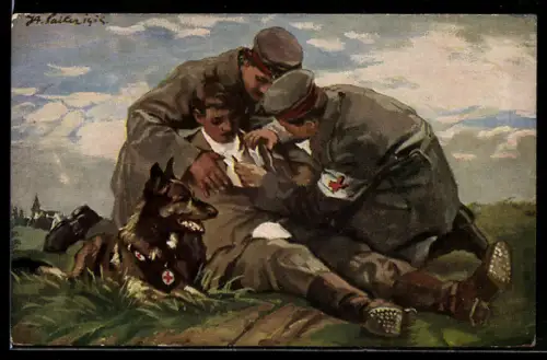 Künstler-AK Hundeführer verbindet verwundeten Soldat, Sanitätshund liegt daneben