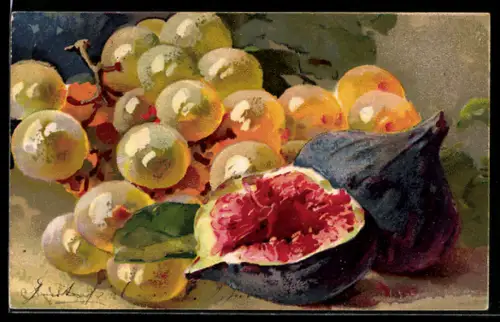 Künstler-AK Catharina Klein: Stilleben mit Feigen und Trauben