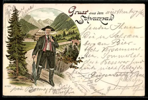 AK Wanderer in Schwarzwälder Tracht mit Pfeife und Regenschirm