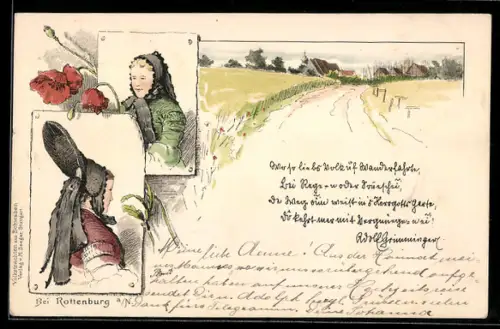 AK Rottenburg, Frauen in schwäbischer Tracht, Mohnblume