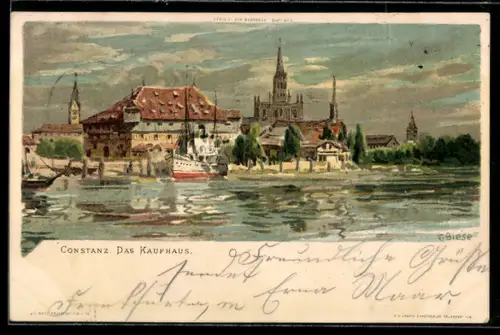 Künstler-AK C.Biese: Konstanz, Blick über den See zum Kaufhaus, Dampfer