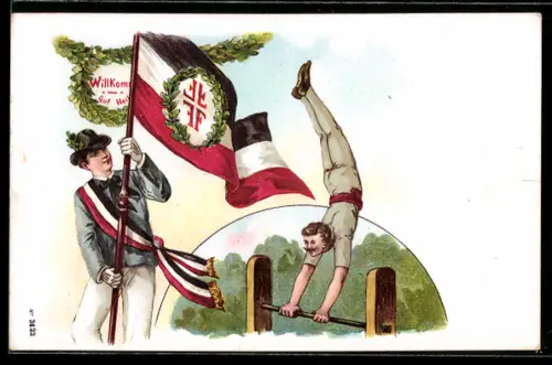 Lithographie Turner üben am Reck, Turner mit Fahne