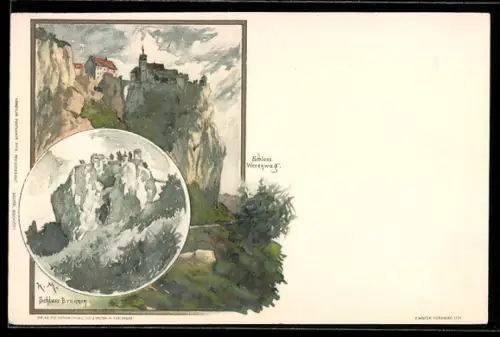 Künstler-Lithographie Karl Mutter: Bronnen, Blick zum Schloss, Ansicht von Schloss Werenwag