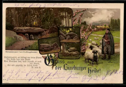 AK Fallingbostel, Steinhäuser, Schäfer mit Herde auf der Frühlingswiese