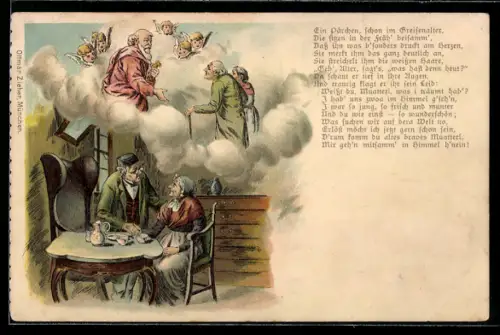 Lithographie greises Ehepaar nimmt voneinander Abschied, Gott empfängt die Seele des Mannes