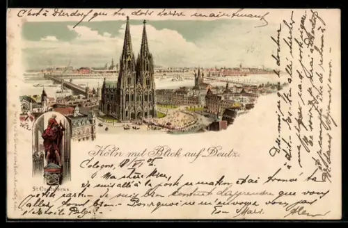 Lithographie Köln, Blick auf Deutz