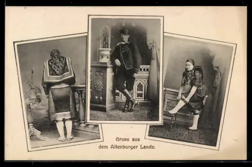 AK Thüringische Tracht, Frauen und Mann in Trachten aus dem Altenburger Lande