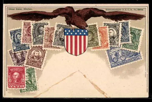 AK Amerikanische Briefmarken, Wappen, Adler