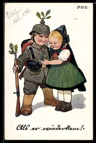 Künstler-AK P.O.Engelhard (P.O.E.): Mädchen bewundert das eiserne Kreuz an ihrem Bruder