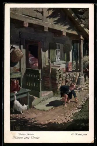 Künstler-AK Otto Kubel: Hänsel sammelt nachts vor dem Haus Steine, Katze beobachtet ihn dabei