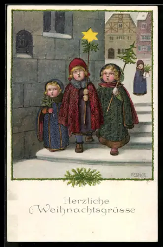 Künstler-AK Pauli Ebner: Sternensinger im Winterdorf