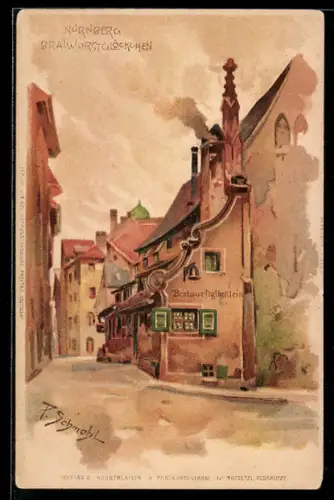Künstler-AK P.Schmohl: Nürnberg, Blick auf die Metzgerei Bratwurstglöckchen