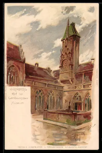 Künstler-Lithographie P. Schmohl: Nürnberg, Hof im Germanischen Museum