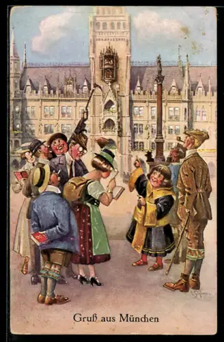 Künstler-AK Ernst Schlemo: München, Touristengruppe mit Münchner Kindl
