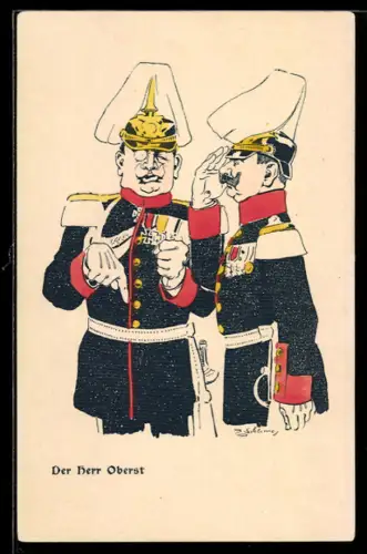 Künstler-AK F.Schlemo: Karikatur, Kaiser Wilhelm II. und der Herr Oberst