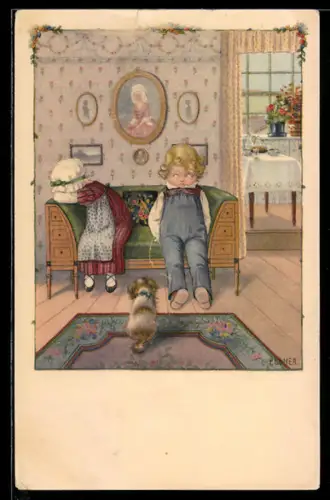 Künstler-AK Pauli Ebner: Mädchen ist traurig, Knabe und Hund