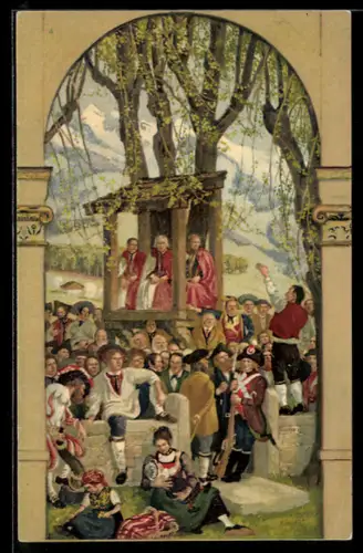 Künstler-AK Schweizer Bundesfeier 1918, Für unsere Soldaten, Predigt unter freiem Himmel