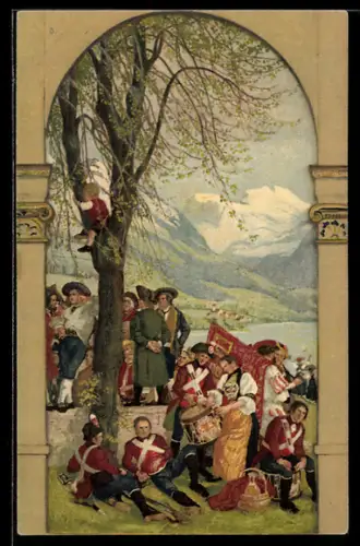 AK Schweizer Bundesfeier 1918, Soldaten und Trommler in historischen Trachten