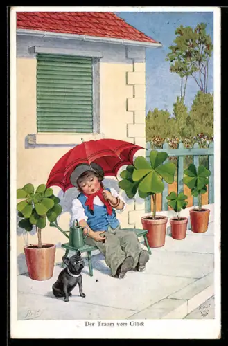 Künstler-AK Bert: Junge unter Regenschirm sitzt verträumt mit Bulldogge da