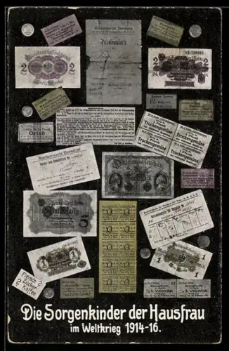 AK Die Sorgenkinder der Hausfrau im Weltkrieg 1914-16, Lebensmittelkarten, Kriegsnot