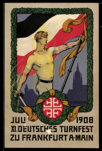 AK Frankfurt, XI. Deutsches Turnfest 1908, Turner mit Fahne und Degen, Wappen der Turner