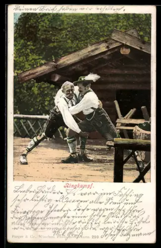 AK Ringkampf, zwei Männer in Trachten beim brüderlichen Wettstreit