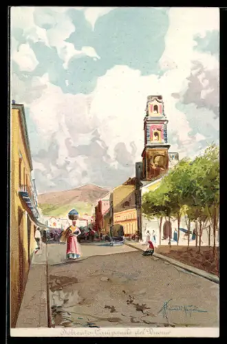 Künstler-Lithographie Sorrento, Campanile del Duomo