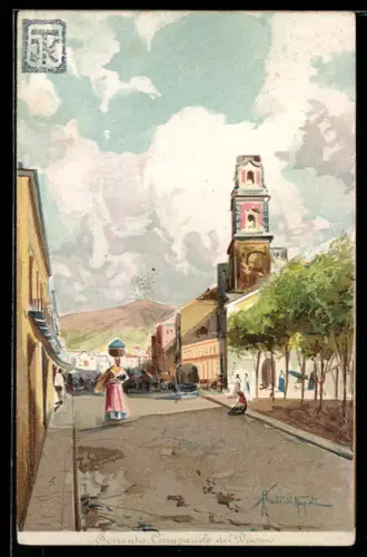 Künstler-Lithographie Sorrento, Campanile del Duomo