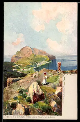Lithographie Capri, Blick von den Ruinen des Tiberius-Palastes über die Insel