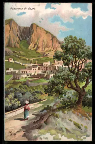 Künstler-AK Capri, Ortspanorama mit Gebirge