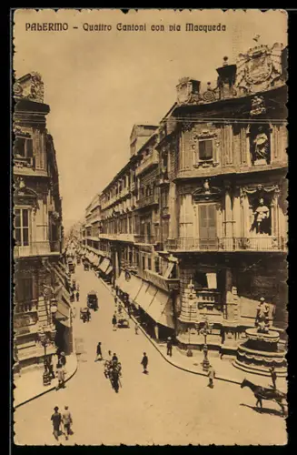 AK Palermo, Quattro Cantoni con via Macqueda, Pferdegespann