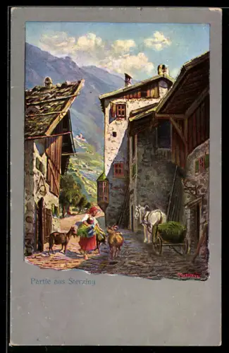 Künstler-AK Sterzing, Gassenpartie mit Bauernmädchen